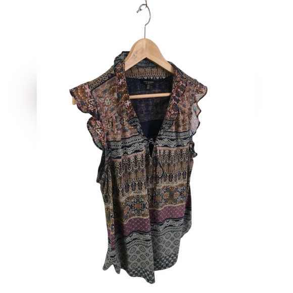 Lucky Brand Womens Ruffled VNeck Top Abstract Multi Color Modal Blend Size Large - Picture 3 of 16